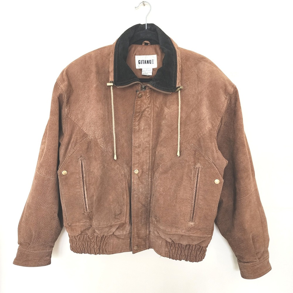 90s Vintage Gitano Genuine Leather Bomber Jacket L Brown Suede Snap Zip Western